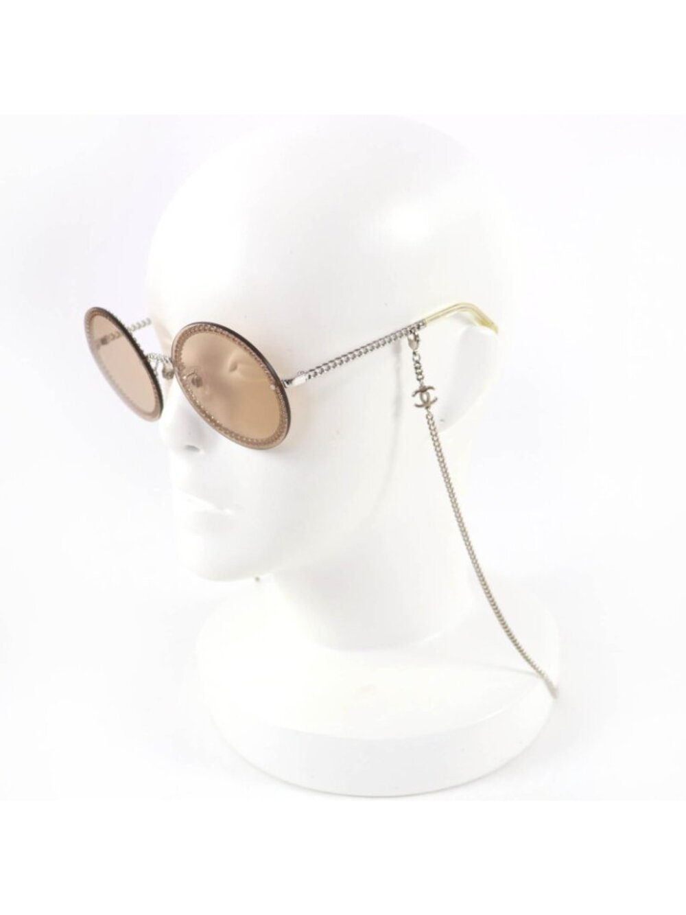 Chanel CC Logo Round Sunglasses with Chain Silver Clear Brown Case Necklace - Picture 4 of 13